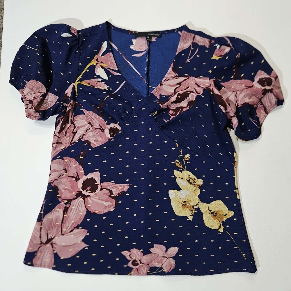 Harve Benard Blouse Womens Medium Blue Pink Floral Gold‎ Speckled Relaxed Fit